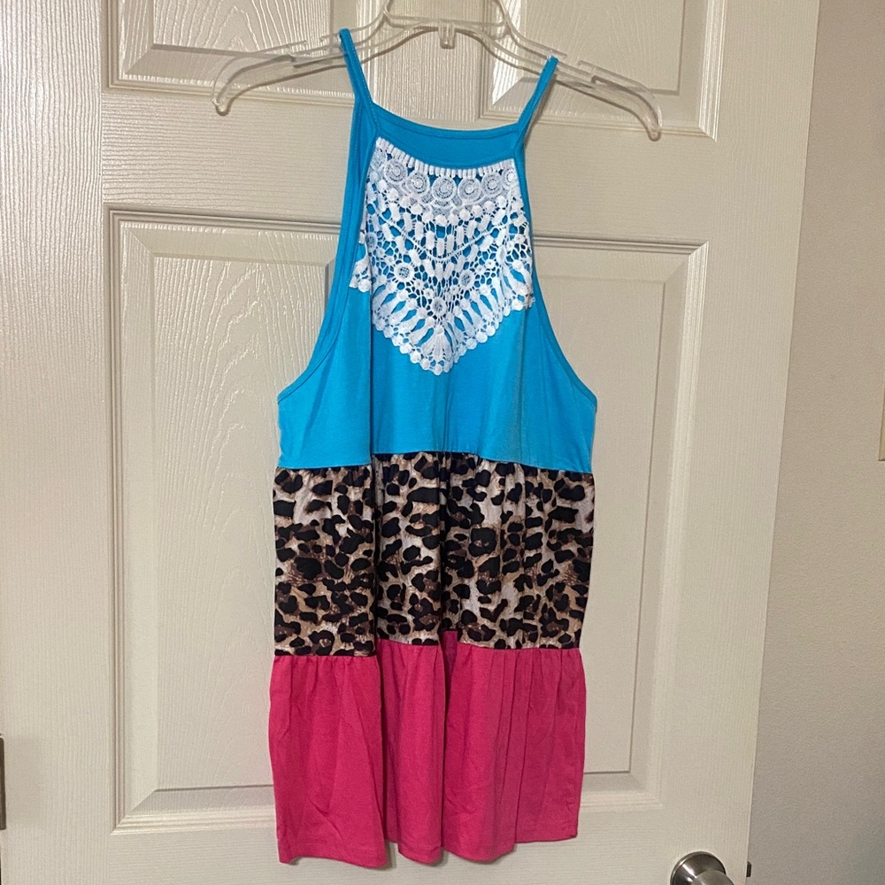 Womens Sleeveless Tiered Tank Top with Crochet Detail - Blue, Leopard & Pink